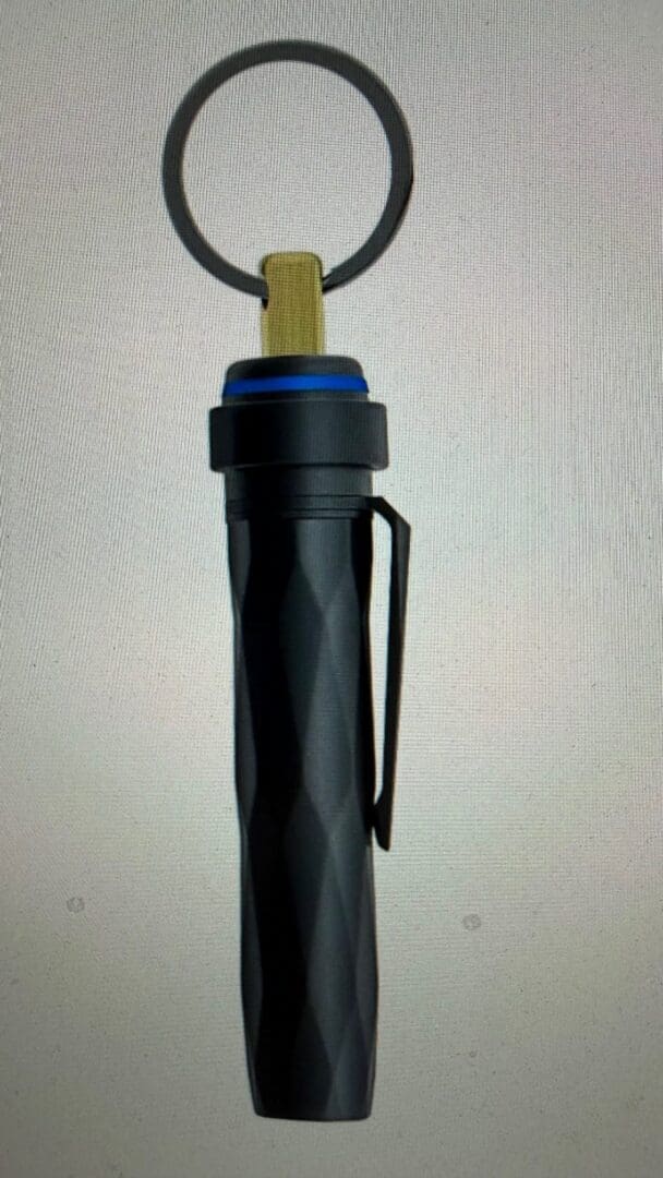 Black flashlight with keyring and clip.