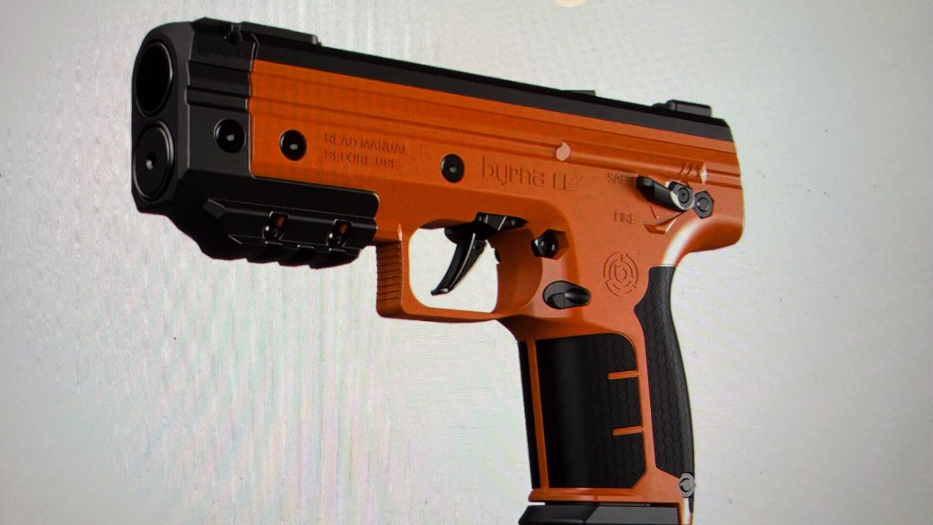 Orange and black futuristic handgun design.
